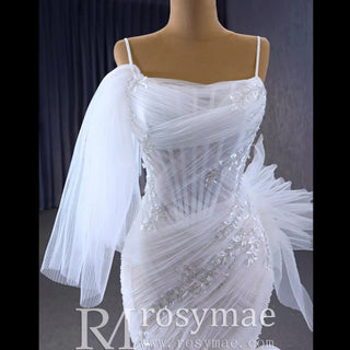 Mermaid Tulle Pleats Beading Wedding Dress with Spaghetti Strap - Rosymae