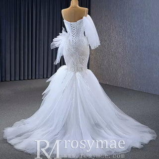 Mermaid Tulle Pleats Beading Wedding Dress with Spaghetti Strap - Rosymae