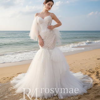 Mermaid Tulle Pleats Beading Wedding Dress with Spaghetti Strap - Rosymae