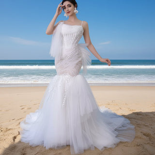 Mermaid Tulle Pleats Beading Wedding Dress with Spaghetti Strap - Rosymae