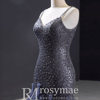 Mermaid Tulle Sequins Spaghetti Straps Beading Prom Dress With Train - Rosymae