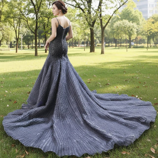 Mermaid Tulle Sequins Spaghetti Straps Beading Prom Dress With Train - Rosymae