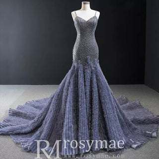 Mermaid Tulle Sequins Spaghetti Straps Beading Prom Dress With Train - Rosymae