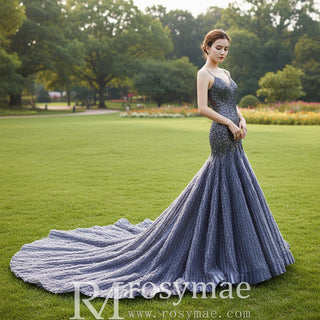 Mermaid Tulle Sequins Spaghetti Straps Beading Prom Dress With Train - Rosymae