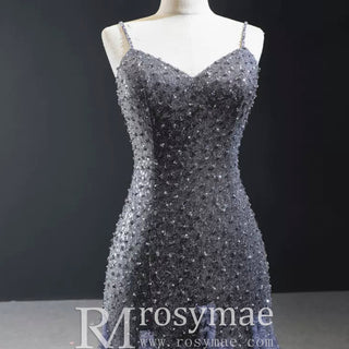 Mermaid Tulle Sequins Spaghetti Straps Beading Prom Dress With Train - Rosymae