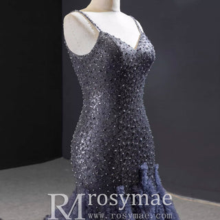 Mermaid Tulle Sequins Spaghetti Straps Beading Prom Dress With Train - Rosymae