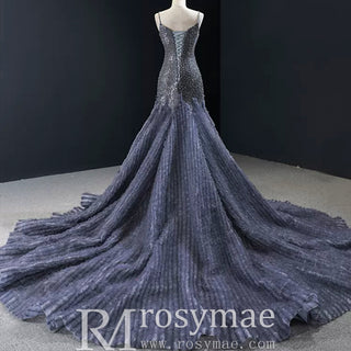 Mermaid Tulle Sequins Spaghetti Straps Beading Prom Dress With Train - Rosymae