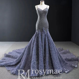 Mermaid Tulle Sequins Spaghetti Straps Beading Prom Dress With Train - Rosymae
