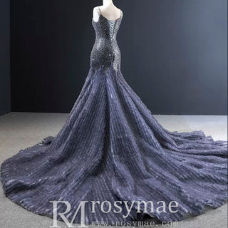 Mermaid Tulle Sequins Spaghetti Straps Beading Prom Dress With Train - Rosymae