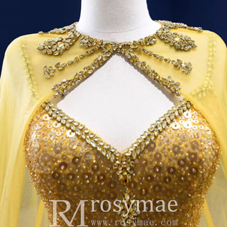 Mermaid Tulle Sequins Spaghetti Straps Prom Dress With Cape - Rosymae