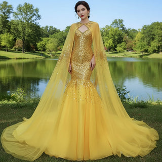 Mermaid Tulle Sequins Spaghetti Straps Prom Dress With Cape - Rosymae