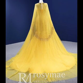 Mermaid Tulle Sequins Spaghetti Straps Prom Dress With Cape - Rosymae