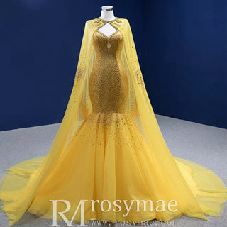 Mermaid Tulle Sequins Spaghetti Straps Prom Dress With Cape - Rosymae