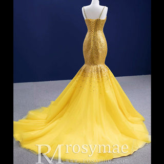Mermaid Tulle Sequins Spaghetti Straps Prom Dress With Cape - Rosymae