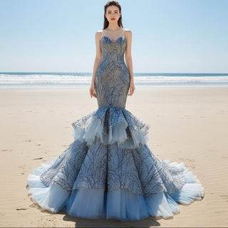 Mermaid Tulle Sequins Sweetheart Prom Dress Trumpet Party Gown - Rosymae