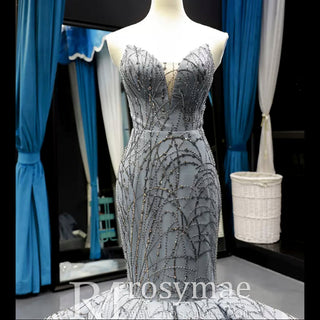 Mermaid Tulle Sequins Sweetheart Prom Dress Trumpet Party Gown - Rosymae