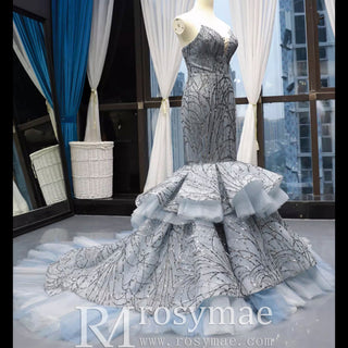 Mermaid Tulle Sequins Sweetheart Prom Dress Trumpet Party Gown - Rosymae