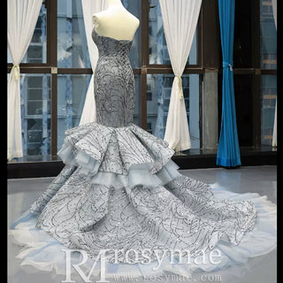 Mermaid Tulle Sequins Sweetheart Prom Dress Trumpet Party Gown - Rosymae