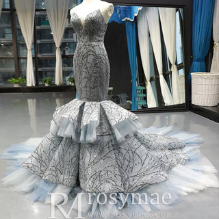 Mermaid Tulle Sequins Sweetheart Prom Dress Trumpet Party Gown - Rosymae