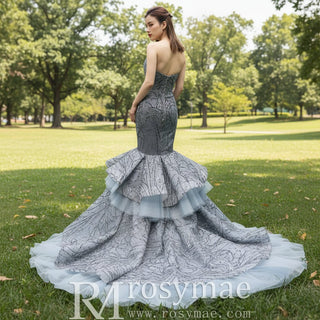 Mermaid Tulle Sequins Sweetheart Prom Dress Trumpet Party Gown - Rosymae