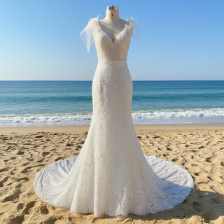 Vneck Lace Mermaid Wedding Dress with Open Low Back