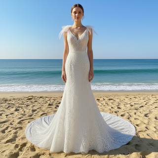 Vneck Lace Mermaid Wedding Dress with Open Low Back