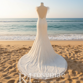 Vneck Lace Mermaid Wedding Dress with Open Low Back