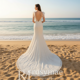 Vneck Lace Mermaid Wedding Dress with Open Low Back