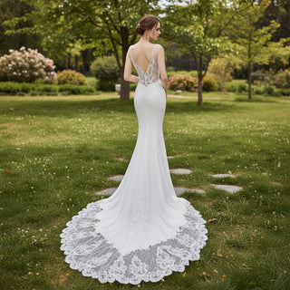 Mermaid Vintage Beaded Lace Wedding Dress with Deep V Neck - Rosymae