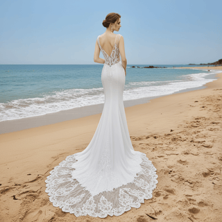 Mermaid Vintage Beaded Lace Wedding Dress with Deep V Neck - Rosymae