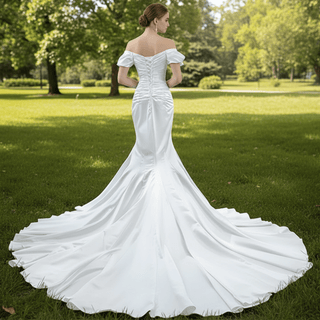 Mermaid Vneck Satin Wedding Dresses with Off the Shoulder Bridal Dress - Rosymae