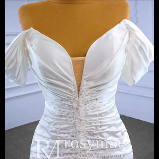 Mermaid Vneck Satin Wedding Dresses with Off the Shoulder Bridal Dress - Rosymae