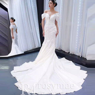 Mermaid Vneck Satin Wedding Dresses with Off the Shoulder Bridal Dress - Rosymae