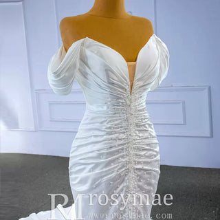 Mermaid Vneck Satin Wedding Dresses with Off the Shoulder Bridal Dress - Rosymae