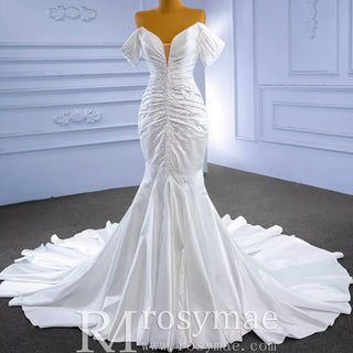 Mermaid Vneck Satin Wedding Dresses with Off the Shoulder Bridal Dress - Rosymae