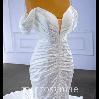 Mermaid Vneck Satin Wedding Dresses with Off the Shoulder Bridal Dress - Rosymae