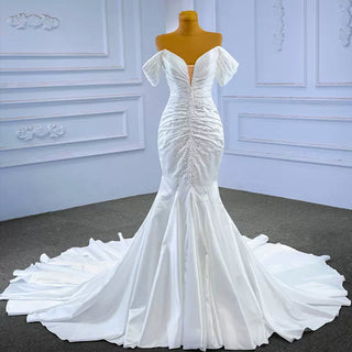 Mermaid Vneck Satin Wedding Dresses with Off the Shoulder Bridal Dress - Rosymae