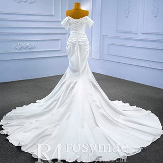 Mermaid Vneck Satin Wedding Dresses with Off the Shoulder Bridal Dress - Rosymae