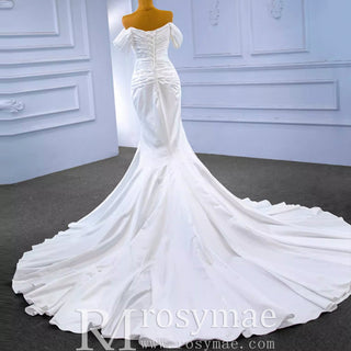 Mermaid Vneck Satin Wedding Dresses with Off the Shoulder Bridal Dress - Rosymae