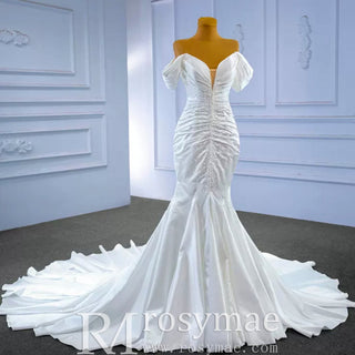 Mermaid Vneck Satin Wedding Dresses with Off the Shoulder Bridal Dress - Rosymae