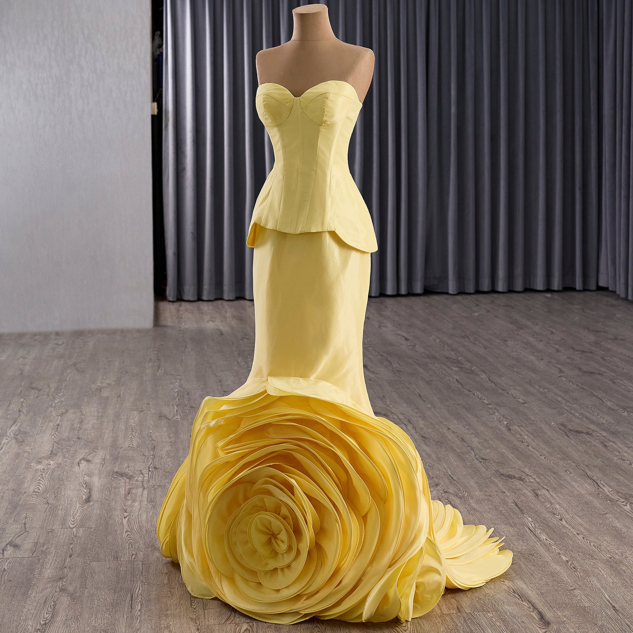 Mermaid Wedding Dress with Dramatic Fabric Rose Base and Structured Corset Bodice - Rosymae