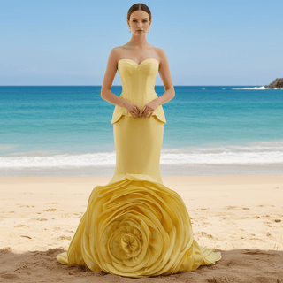 Mermaid Wedding Dress with Dramatic Fabric Rose Base and Structured Corset Bodice - Rosymae
