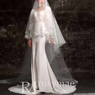 Satin Mermaid Sheer Bodice Wedding Dresses with Long Lantern Sleeve