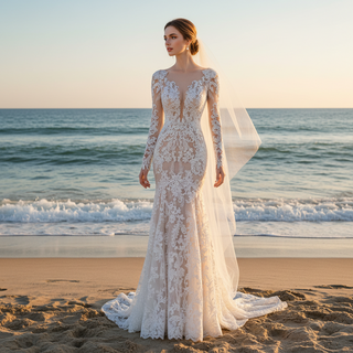 Long Sleeve Fit and Flare Lace Wedding Dress with Vneck