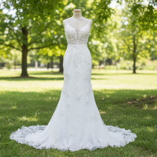 Modern V Neck Lace Spaghetti Strap Mermaid Wedding Dress Open Back