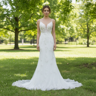 Modern V Neck Lace Spaghetti Strap Mermaid Wedding Dress Open Back