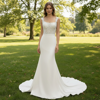 Elegant Square Neck Simple Mermaid Wedding Dress with Sheer Bodice