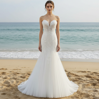 Lace Appliques Sheer Back Mermaid Wedding Dress