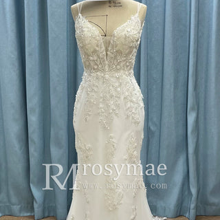 Modern V Neck Lace Spaghetti Strap Mermaid Wedding Dress Open Back Bridal Gown