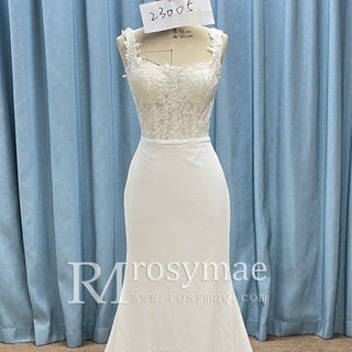 Square Neck Simple Mermaid Wedding Dress with Sheer Bodice